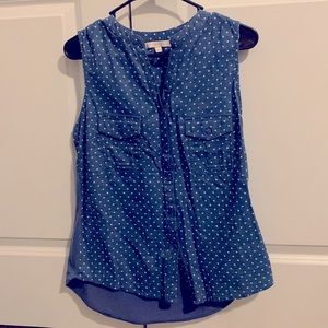Blue polka dot tank top blouse with stretch
